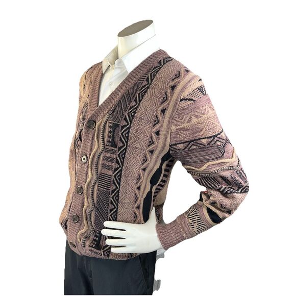 Cotton On Garments Sweater Mens M Brown Coogi Style Cardigan Knit Geometric - Picture 4 of 10